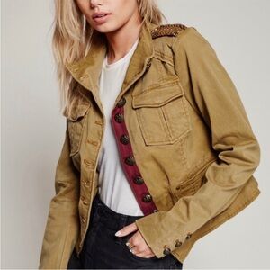 Free People Mustard Gold Beaded Shoulder Military Jacket Shrunken Officer size L